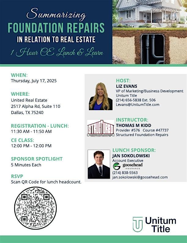 Summarizing Foundation Repairs in Relations to Real Estate-1 Hour CE Class, 17 July | Event in Dallas | AllEvents
