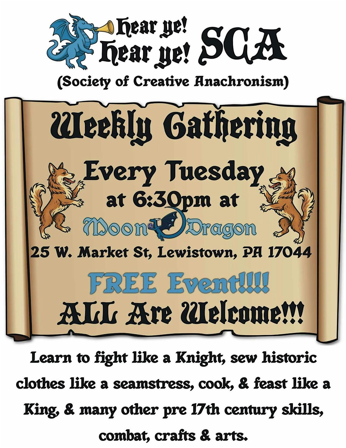 Weekly SCA meetup at Moon Dragon, 18 November | Event in Lewistown | AllEvents