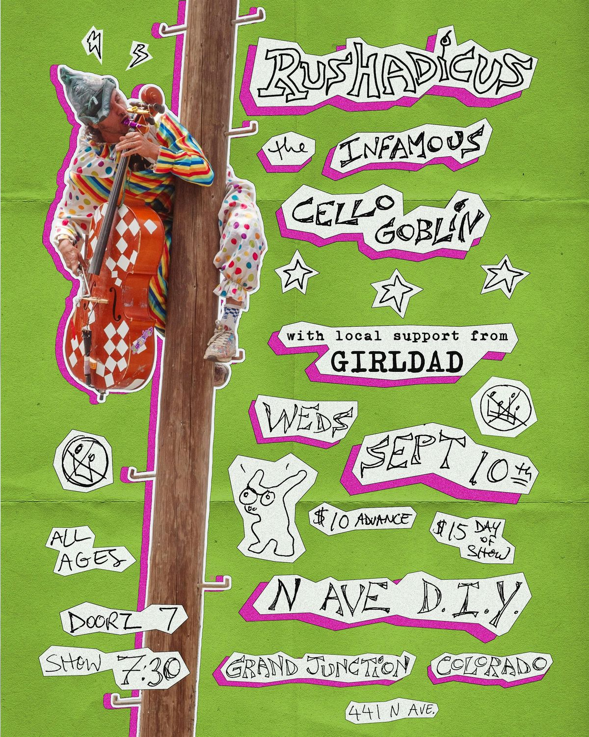 Rushadicus (The Infamous Cello Goblin), & Girldad @ N. Ave DIY, 10 September | Event in Grand Junction