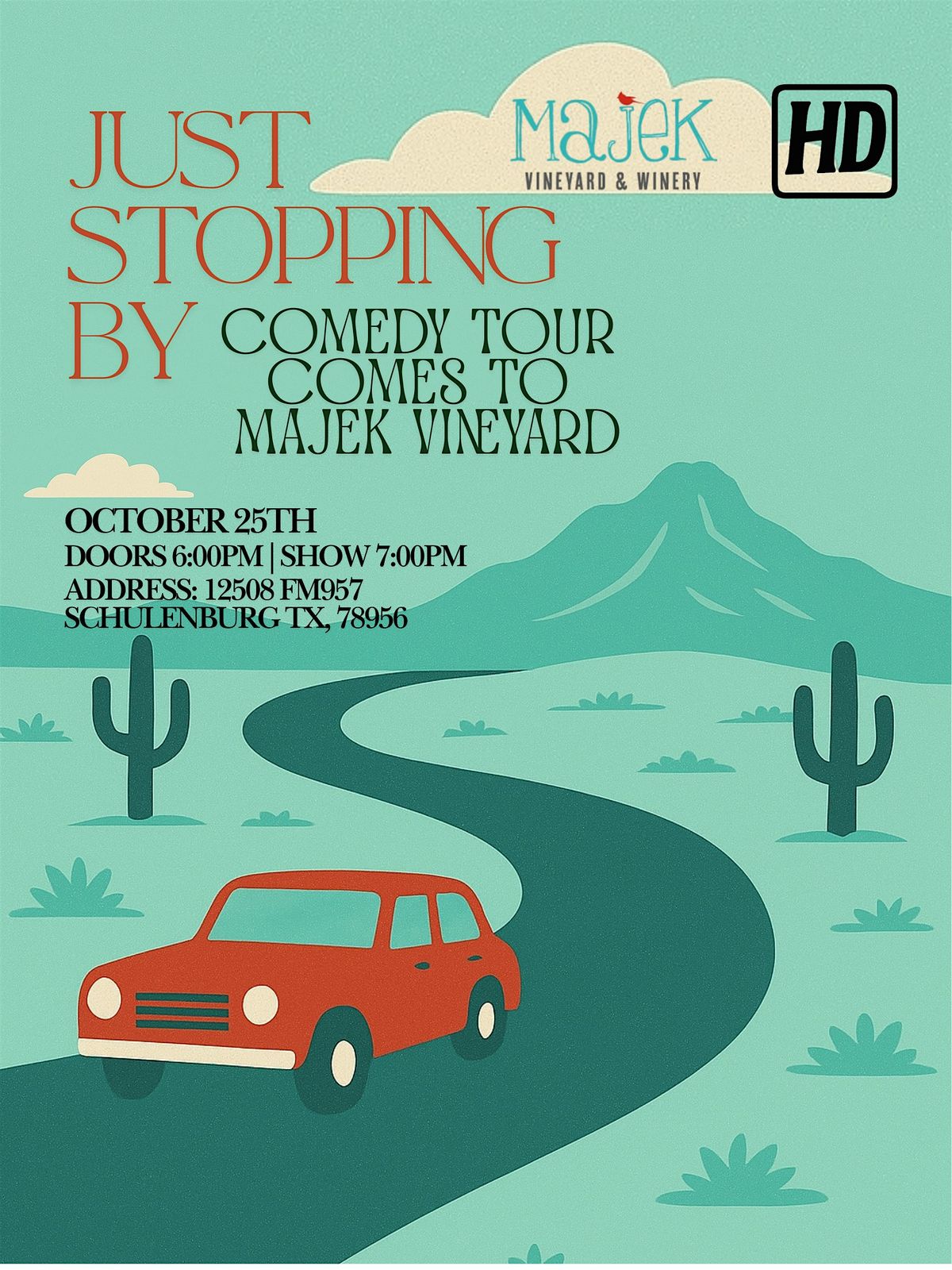Just Stopping By comedy tour at Majek Vineyard, 25 October | Event in Schulenburg | AllEvents