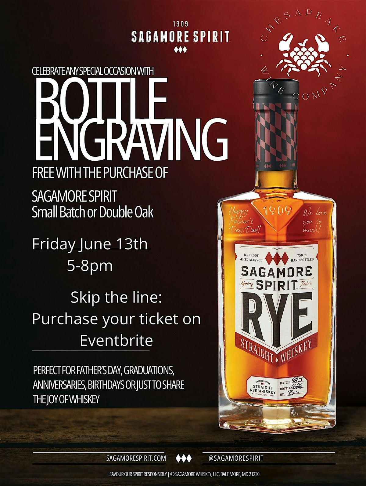 SAGAMORE SPIRIT BOTTLE ENGRAVING EVENT!, 13 June | Event in Baltimore | AllEvents