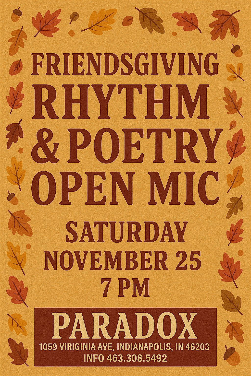 Friendsgiving Rhythm & Poetry Open Mic @ Paradox, 29 November | Event in Indianapolis | AllEvents