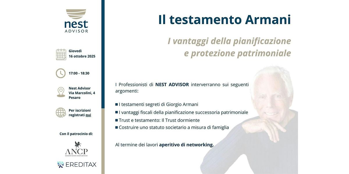 Il testamento Armani, 16 October | Event in Pesaro | AllEvents