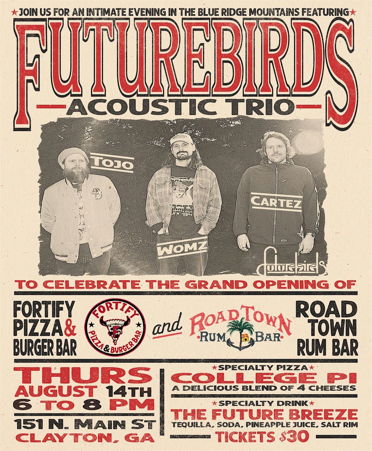 FUTUREBIRDS Acoustic Trio at Fortify Pizza & Burger Bar and Roadtown RumBar, 14 August | Event in Clayton