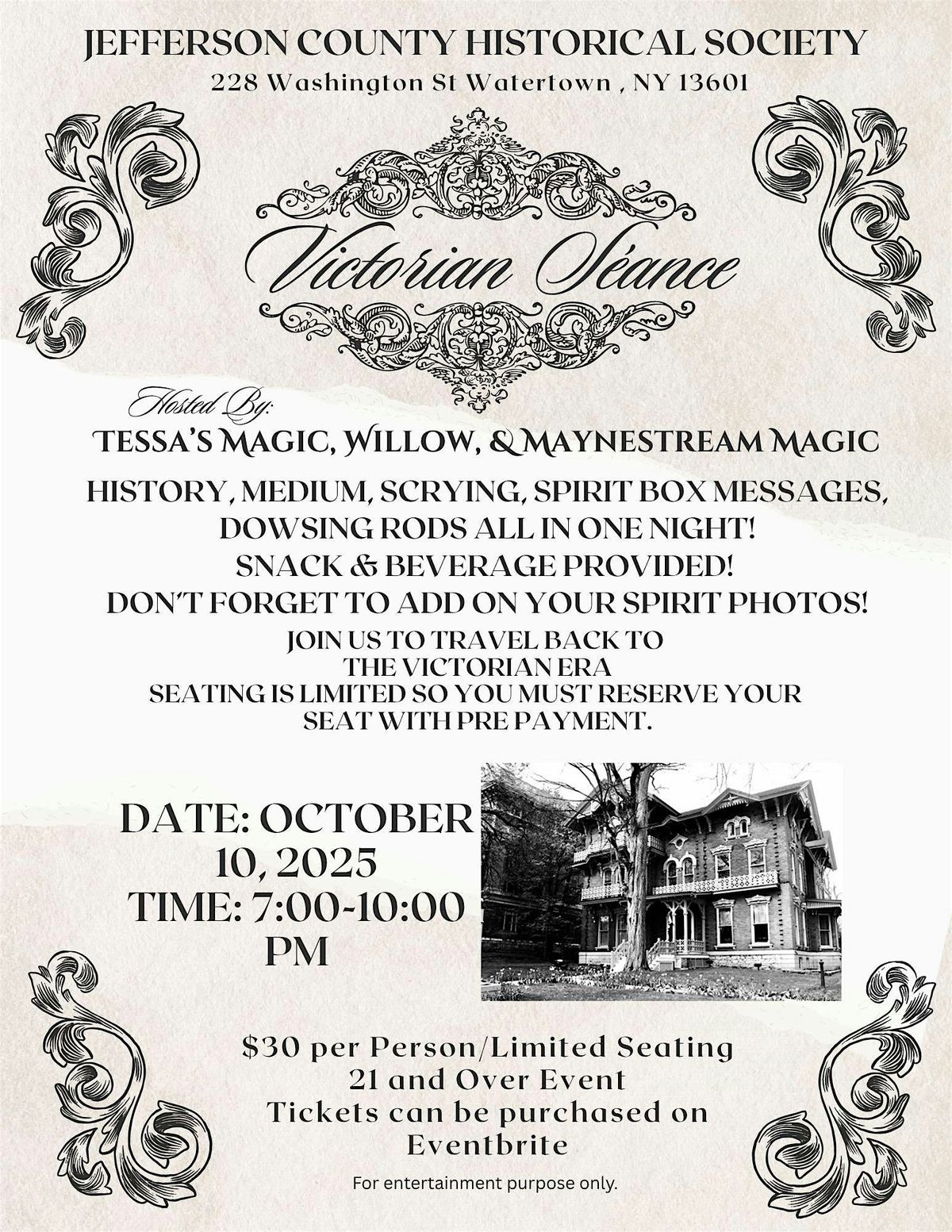 Victorian Seance at the Paddock Mansion, 10 October | Event in Watertown | AllEvents