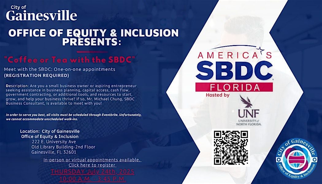 City of Gainesville's "Coffee or Tea With the SBDC!", 24 July | Event in Gainesville | AllEvents
