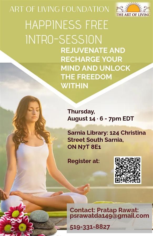 ART OF LIVING  MIND AND MEDITATION FREE INTRO SESSION, 14 August | Event in Sarnia | AllEvents