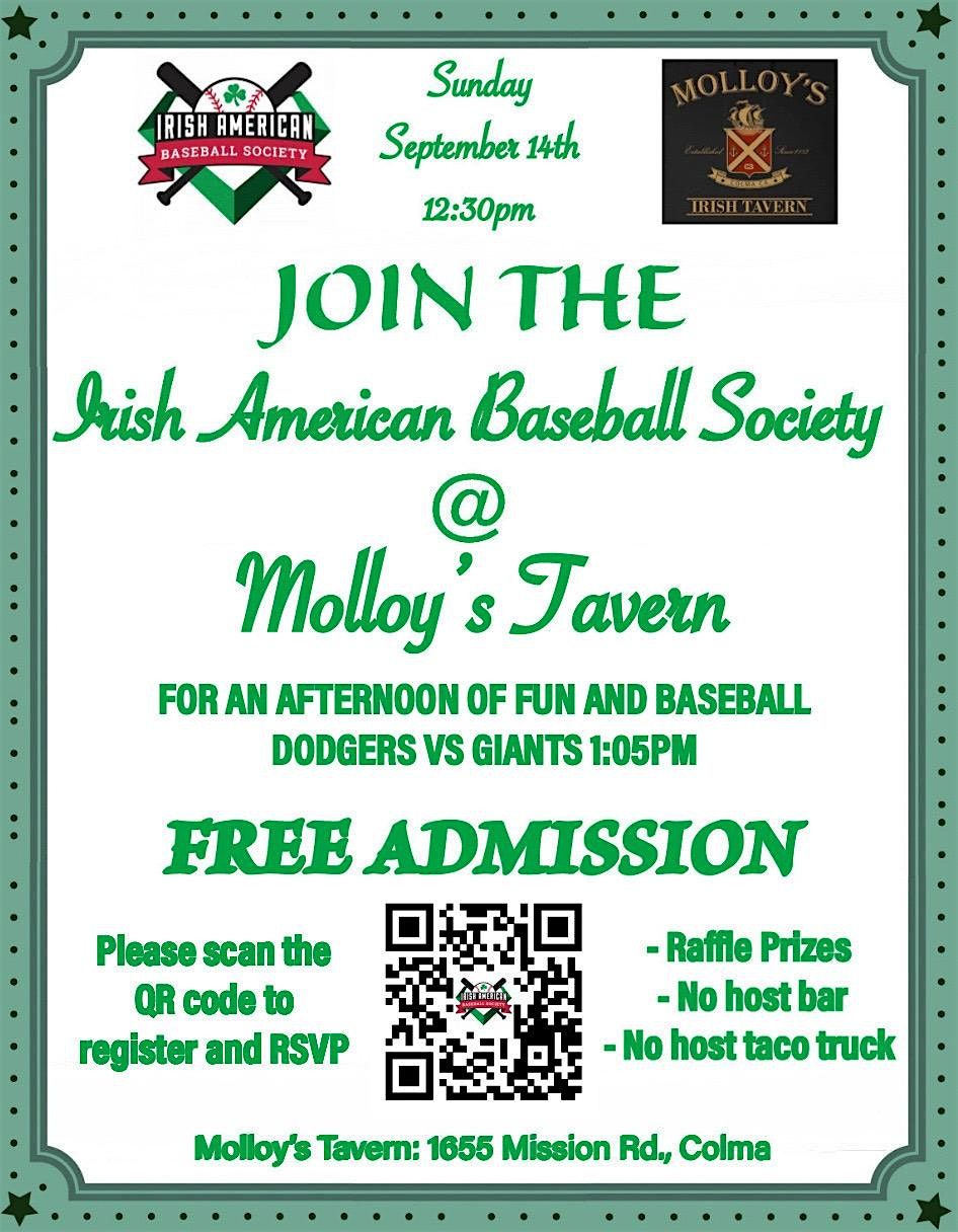 Dodgers @ Giants view party w/ host, Irish American Baseball Society, 14 September | Event in South San Francisco