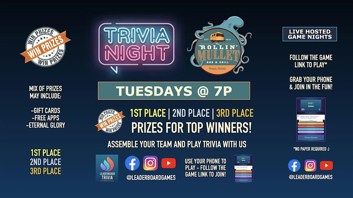 Trivia Night | The Rollin' Mullet - Tampa FL - TUE 7p - @LeaderboardGames | Event in Tampa | AllEvents