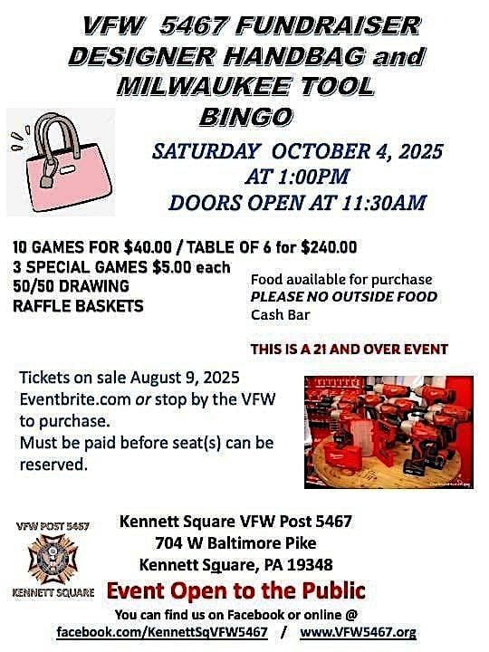 VFW 5467 DESIGNER HANDBAG AND MILWAUKEE TOOL BINGO FUNDRAISER, 4 October | Event in Kennett Square | AllEvents