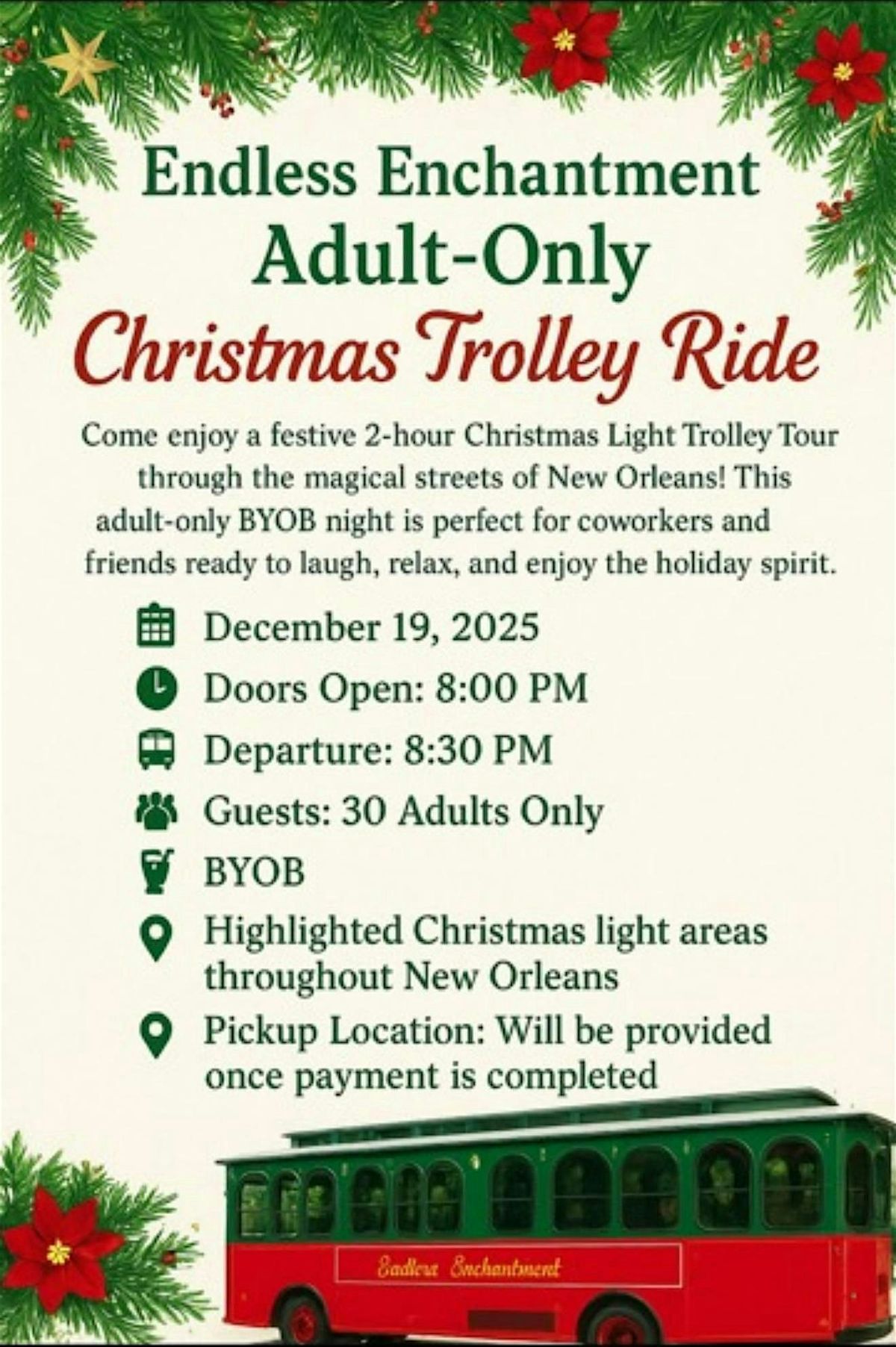 ✨ Endless Enchantment Adult-Only Christmas Trolley Ride ✨, 19 December | Event in Gretna | AllEvents
