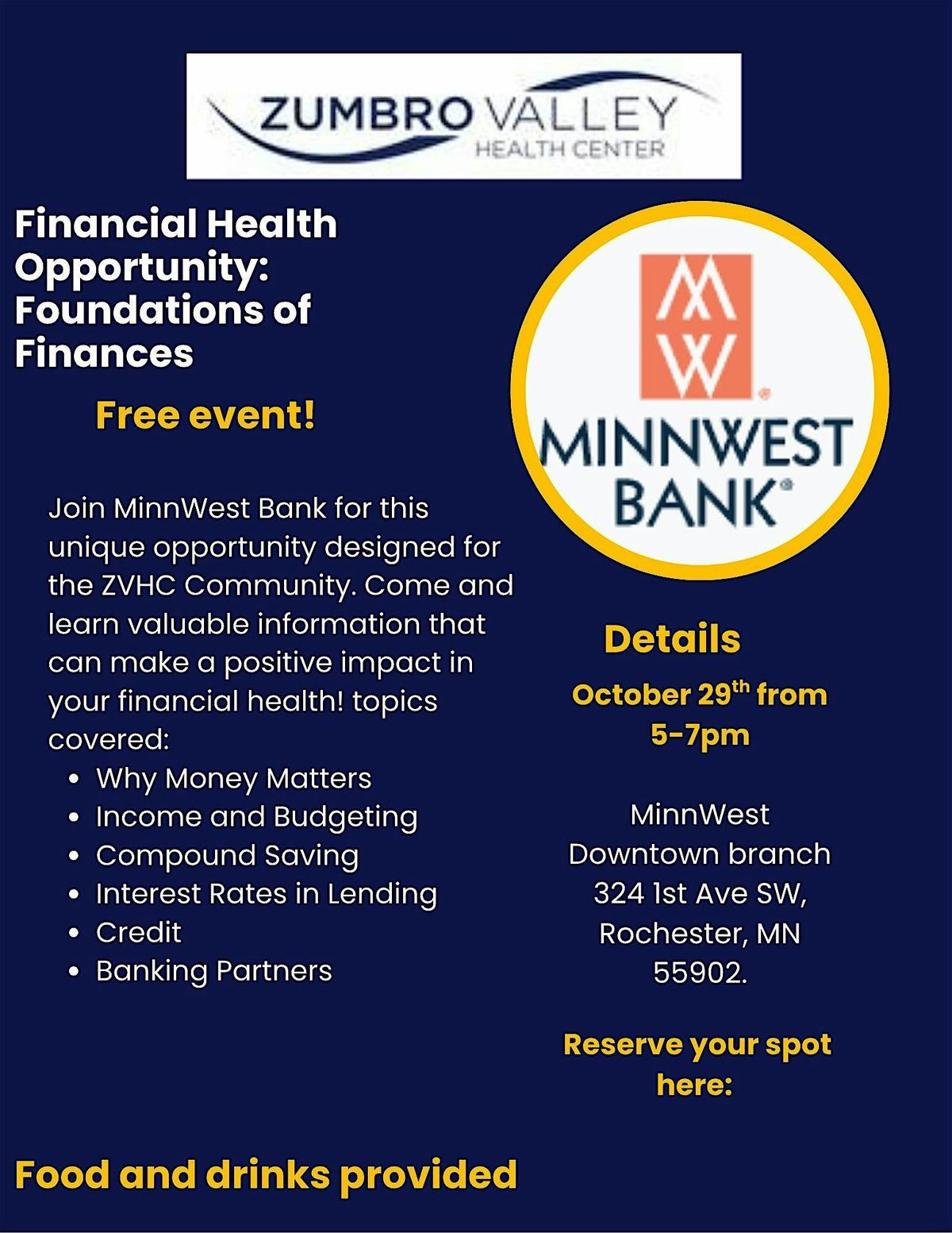 Foundations of Finances with MinnWest Bank for ZVHC Community, 29 October | Event in Rochester | AllEvents