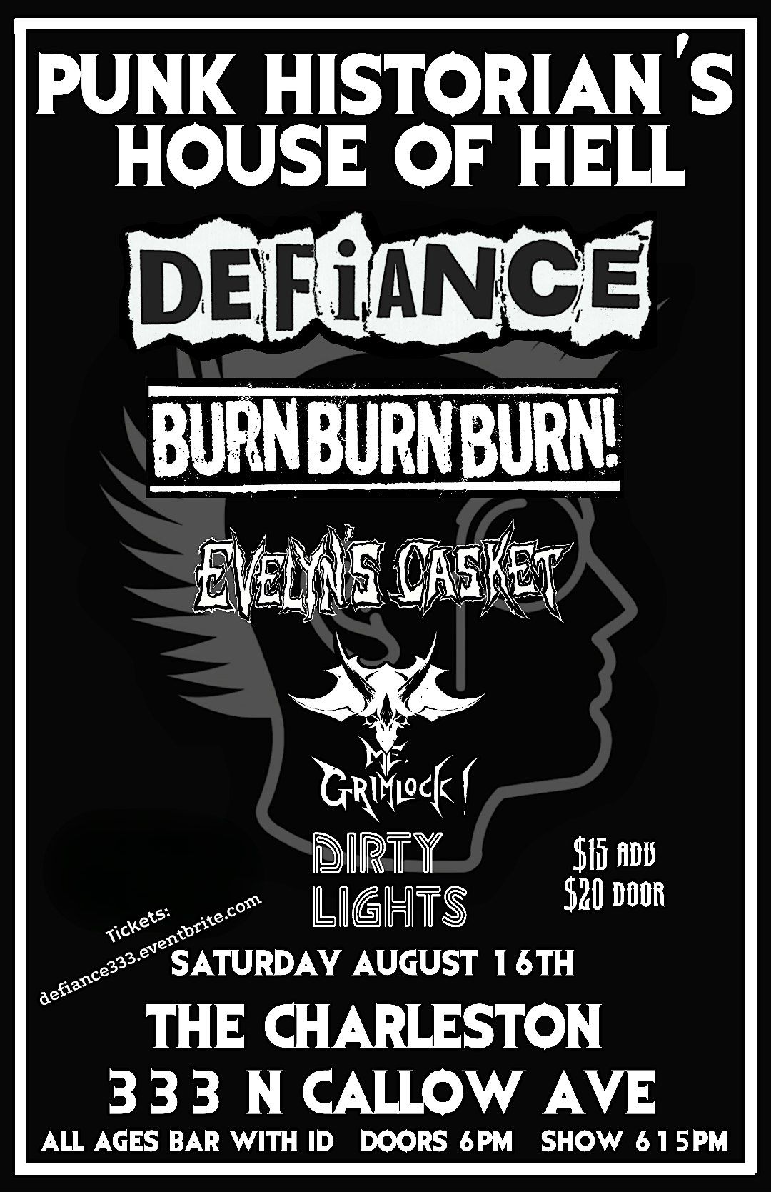 DEFIANCE / BURN BURN BURN / EVELYN'S CASKET / ME, GRIMLOCK! / DIRTY LIGHTS, 16 August | Event in Bremerton