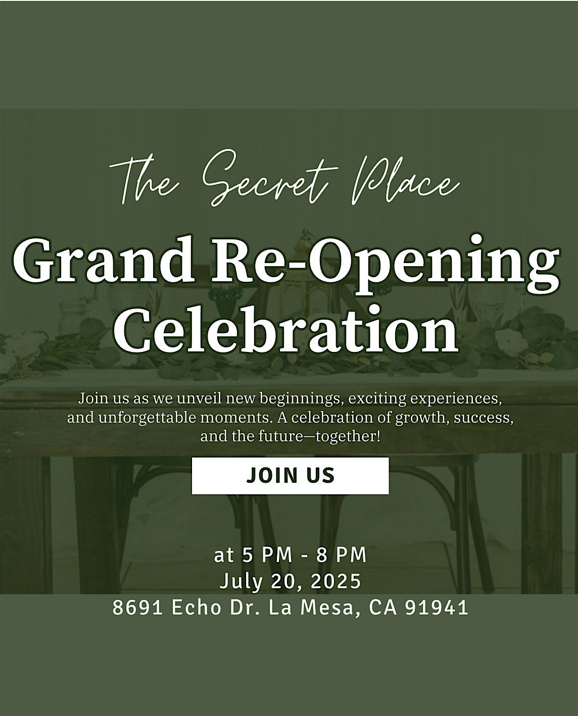 The Secret Place Open House, 20 July | Event in La Mesa | AllEvents