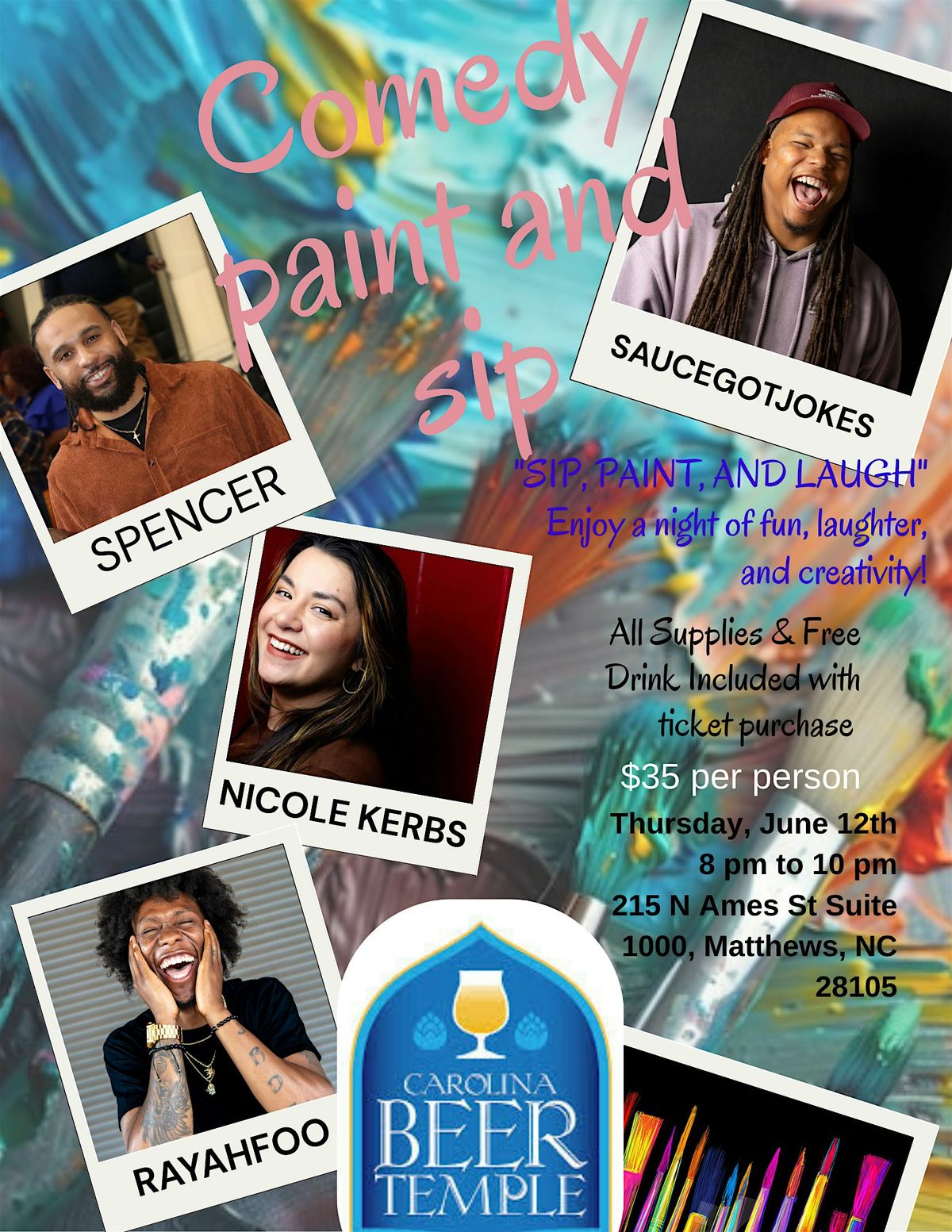 Paint, Sip & Laugh with Saucegotjokes and Friends., 19 June | Event in Matthews | AllEvents