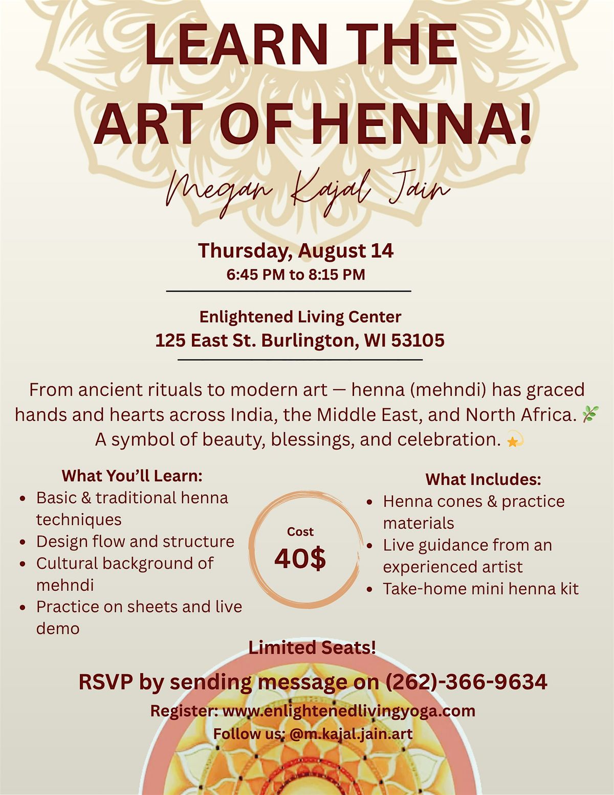 Henna Workshop with Megan Kajal Jain, 14 August | Event in Burlington | AllEvents