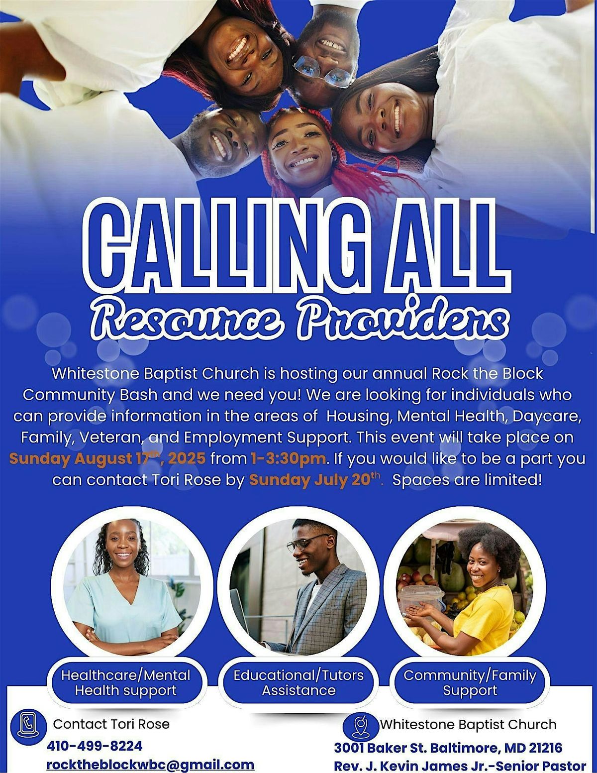 RESOURCE PROVIDERS WANTED-- FOR "ROCK THE BLOCK" WITH WHITESTONE BAPTIST, 17 August | Event in Baltimore