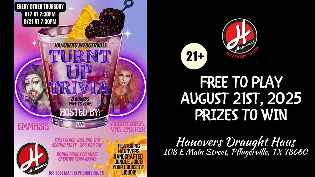 Turnt Up Trivia Night @ Hanovers Pflugerville, 21 August | Event in Pflugerville | AllEvents