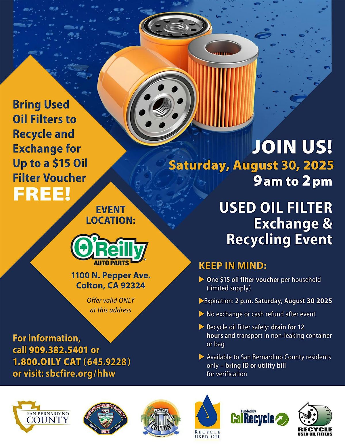Colton- Used Oil Filter Event- FREE, 30 August | Event in Colton | AllEvents