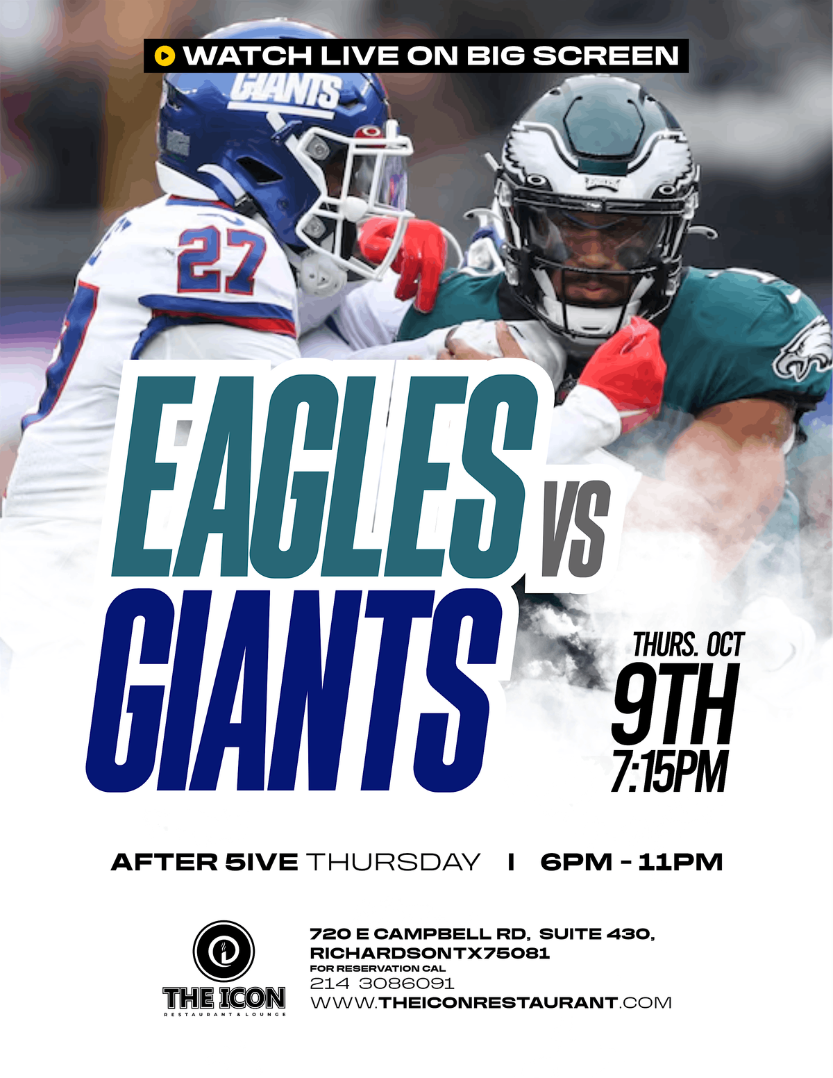Watch Eagles Vs Giants game live at The Icon, 9 October | Event in Richardson | AllEvents