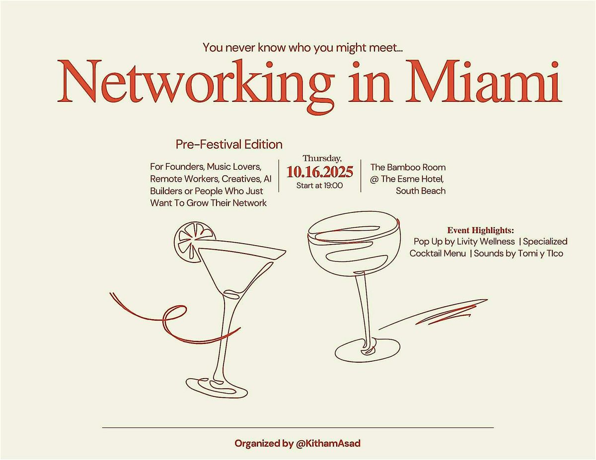 Networking in Miami - For Founders, Music Lovers, Remote Workers, Creatives, 16 October | Event in Miami Beach