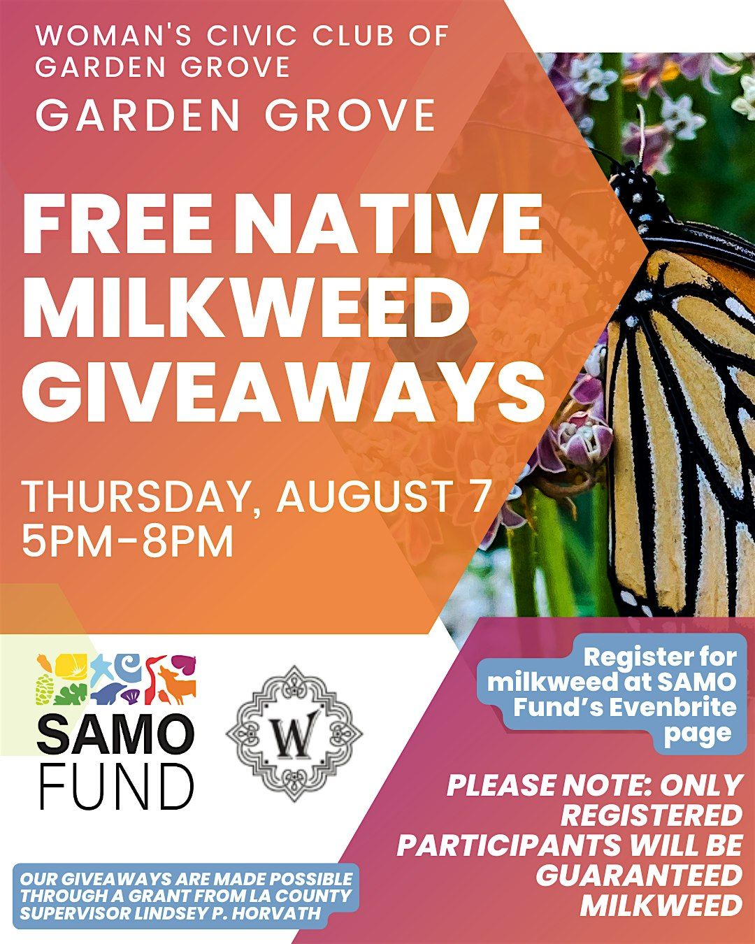 Garden Grove - Free Native Milkweed Giveaway at the Woman's Civic Club, 7 August | Event in Garden Grove | AllEvents