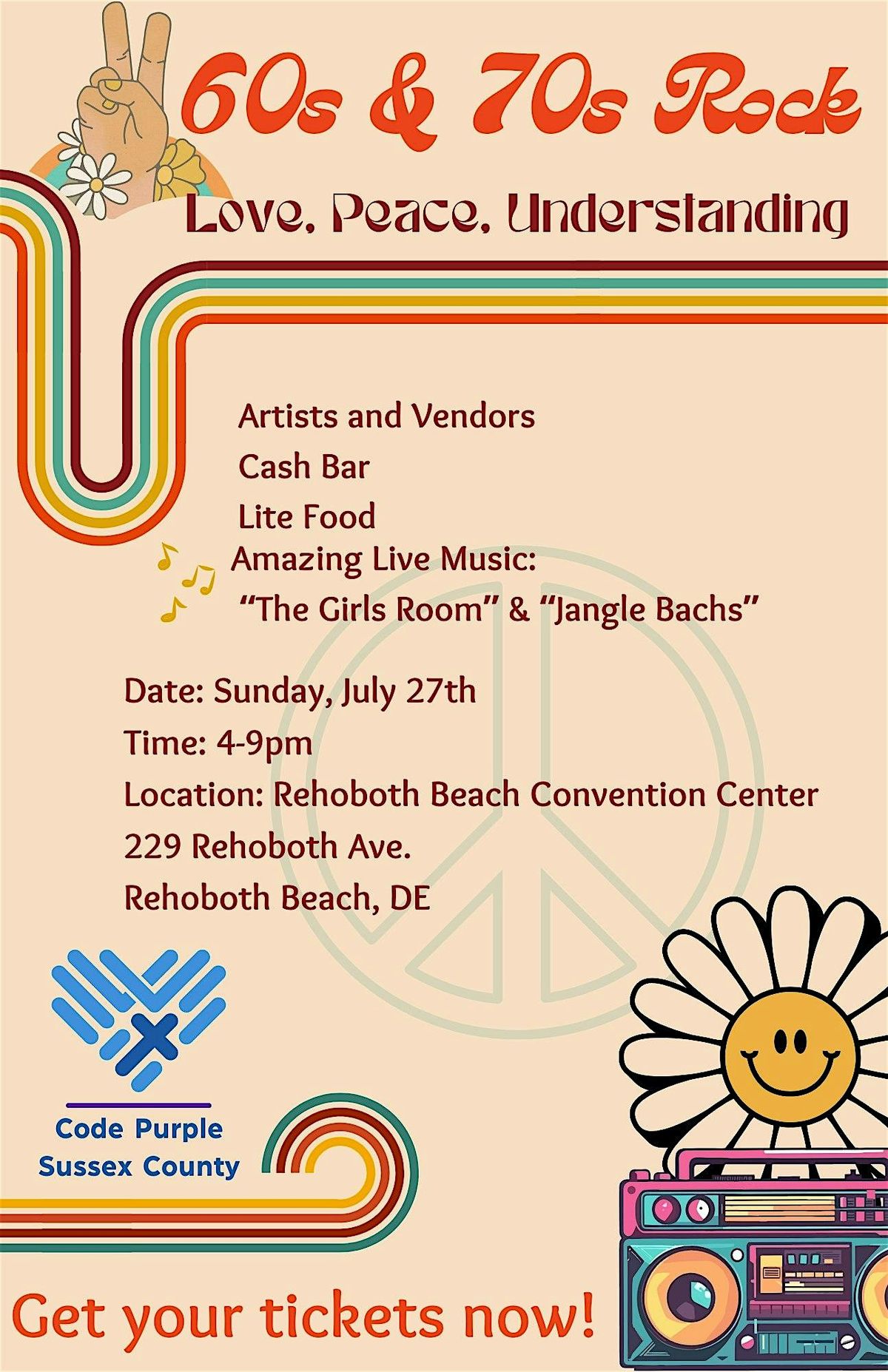 Rock n Roll 60 & 70's Dance party- CODE PURPLE  for the Homeless Fundraiser, 27 July | Event in Rehoboth Beach