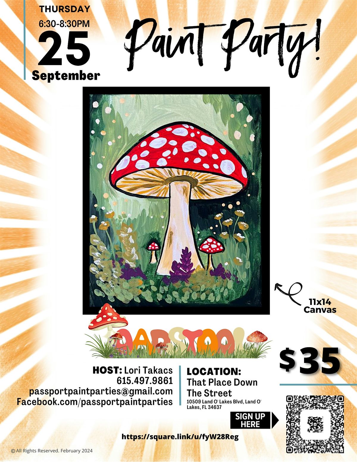 9.25.25 Toadstool Paint and Sip at That Place Down The Street, 25 September | Event in Land O' Lakes | AllEvents