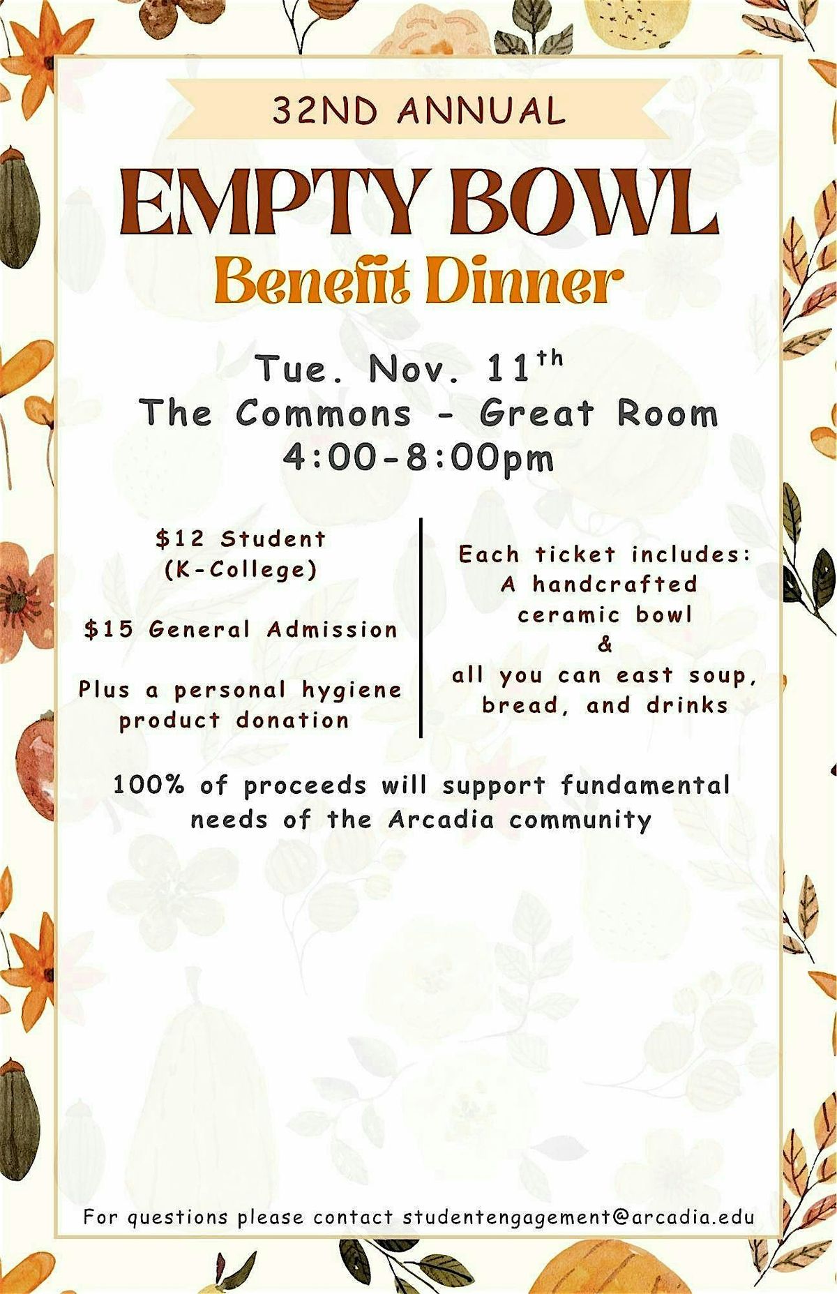 Arcadia University - 32nd Annual Empty Bowl Benefit Dinner, 11 November | Event in Glenside | AllEvents