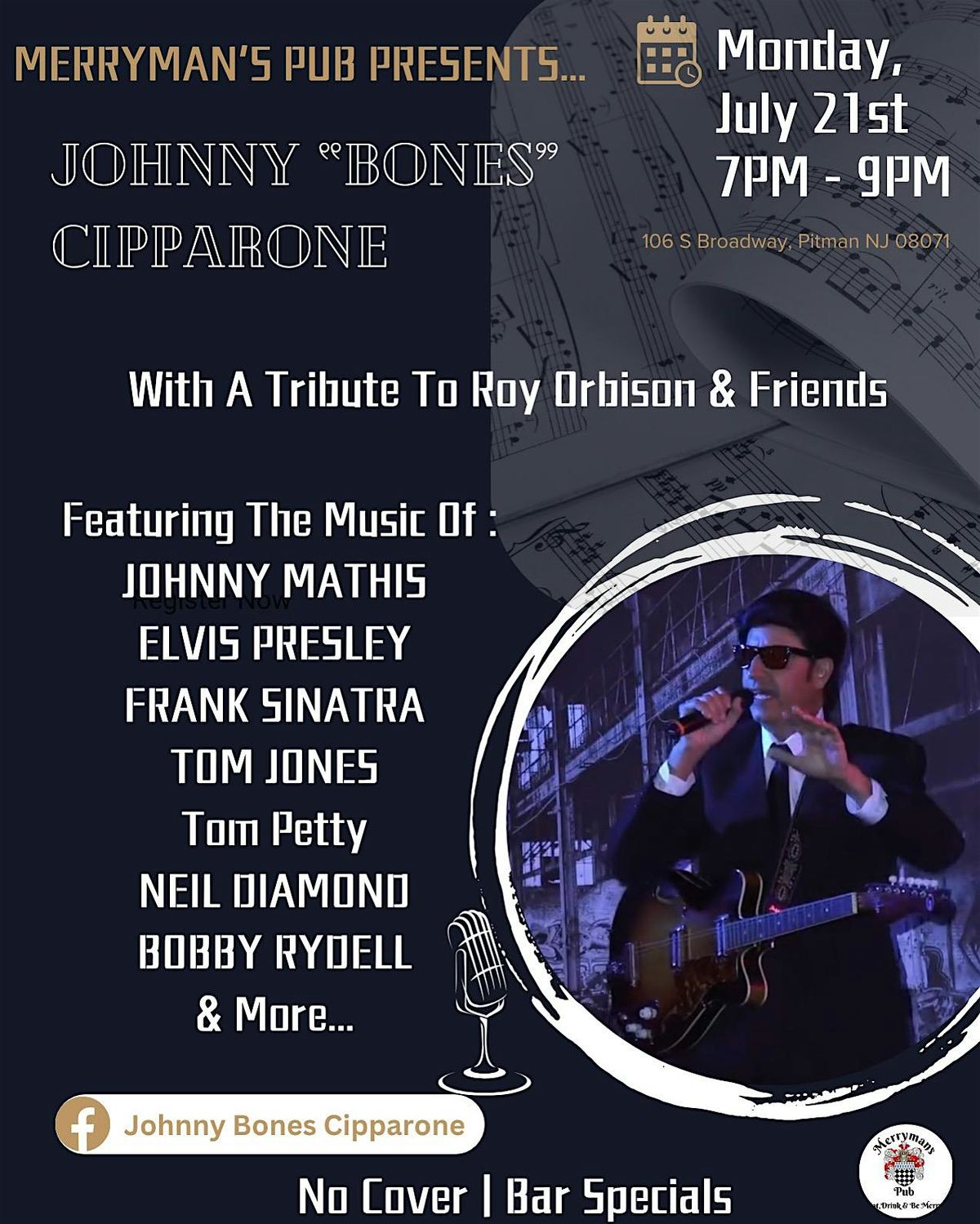 Johnny “Bones” Cipparone LIVE July 21st | 7–9 PM, 21 July | Event in Pitman | AllEvents