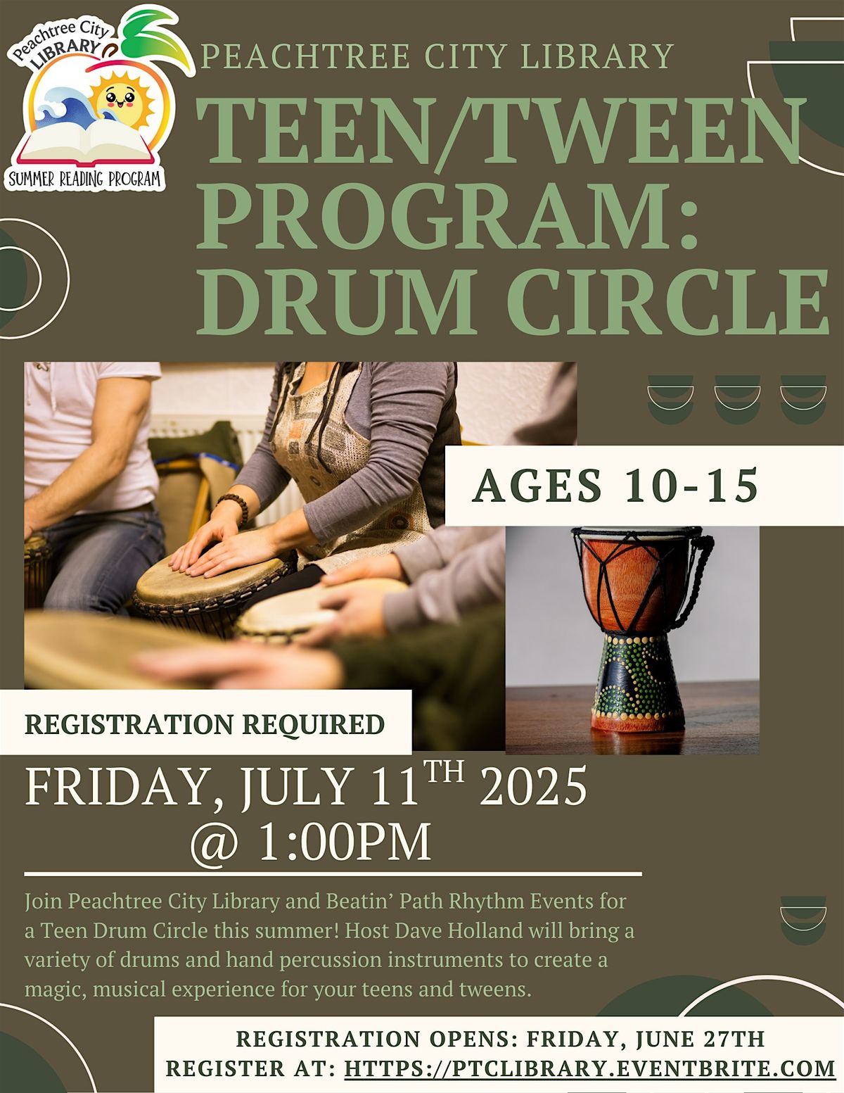 Drum Circle Workshop for Teens/Tweens with Dave Holland (Ages 10-15), 11 July | Event in Peachtree City | AllEvents