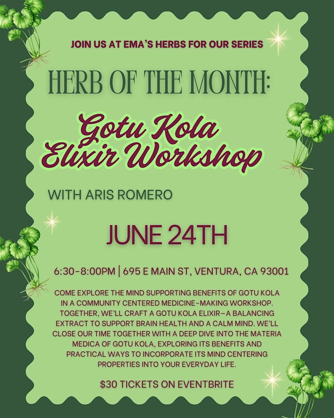 June Herb of the Month: Gotu Kola Elixir Making Workshop with Aris Romero, 24 June | Event in Ventura | AllEvents