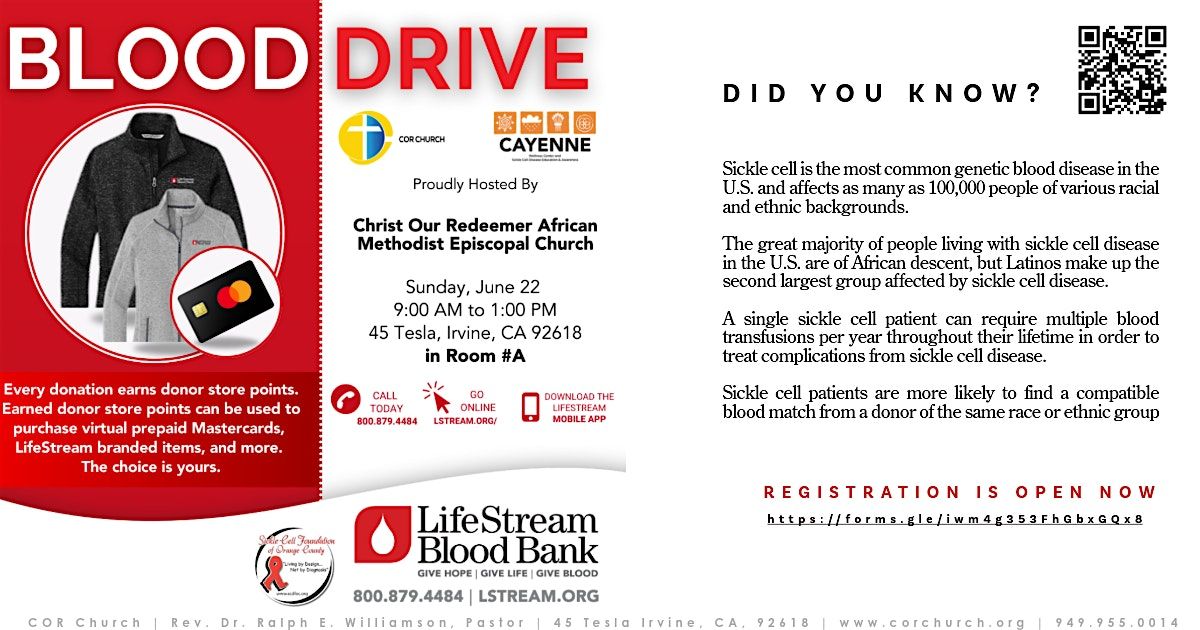 CHRIST OUR REDEEMER AME CHURCH BLOOD DRIVE, 22 June | Event in Irvine | AllEvents