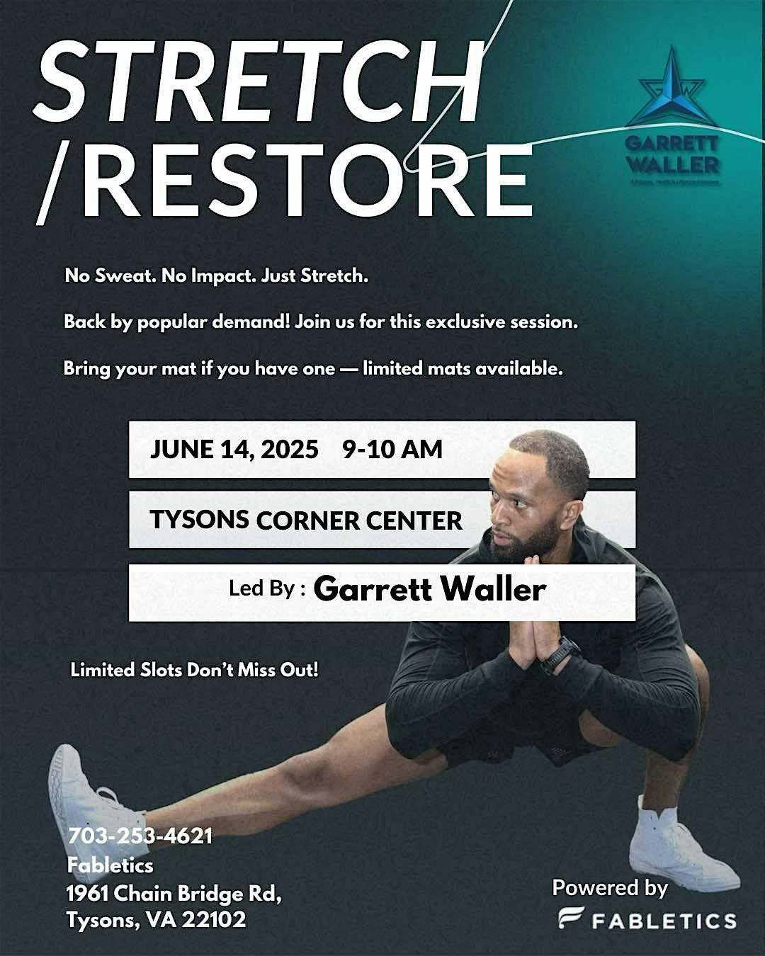 Stretch & Restore w/ Garrett Waller, 14 June | Event in Tysons | AllEvents