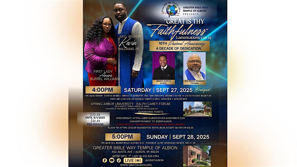 10TH PASTORAL ANNIVERSARY / SFG BISHOP KEVIN & LADY AMARA WILLIAMS, 27 September | Event in Spring Arbor