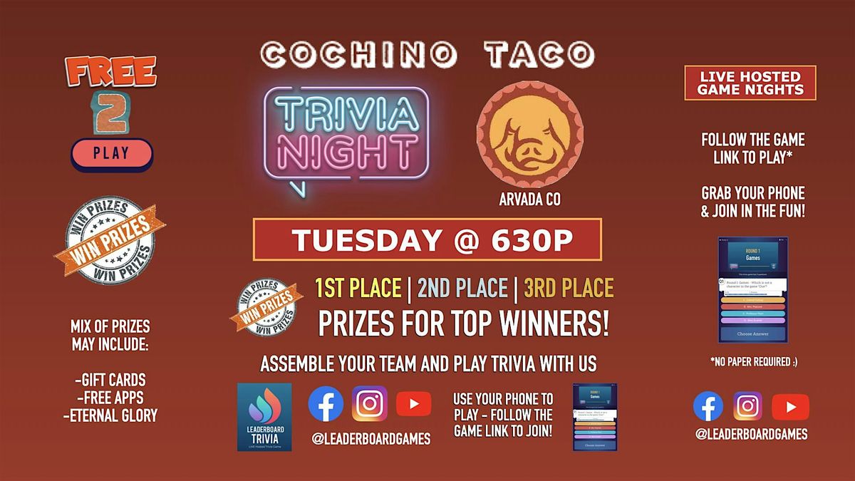 Trivia Night | Cochino Taco - Arvada CO - TUE 630p - @LeaderBoardGames | Event in Arvada | AllEvents