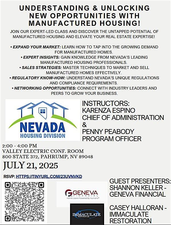 Understanding & Unlocking New Opportunities with Manufactured Housing!, 21 July | Event in Pahrump | AllEvents