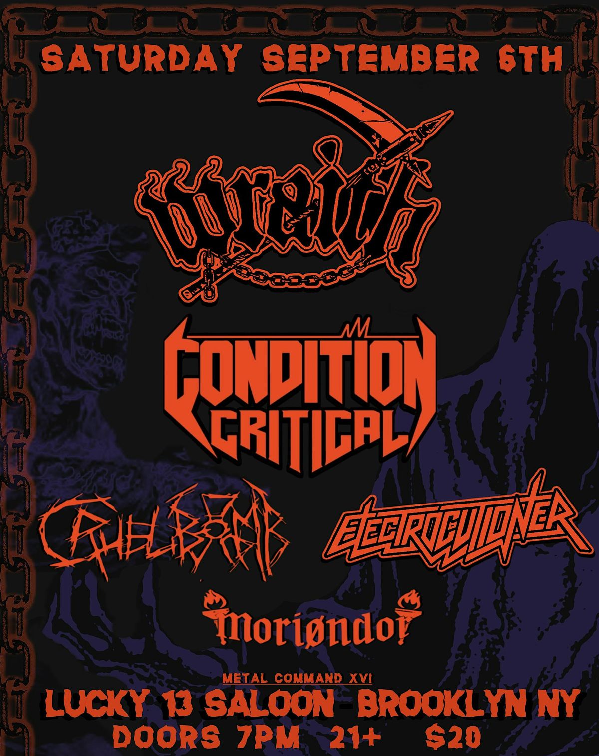 Wraith, Condition Critical, Cruel Bomb, Electrocutioner, & Moriondor, 6 September | Event in Brooklyn