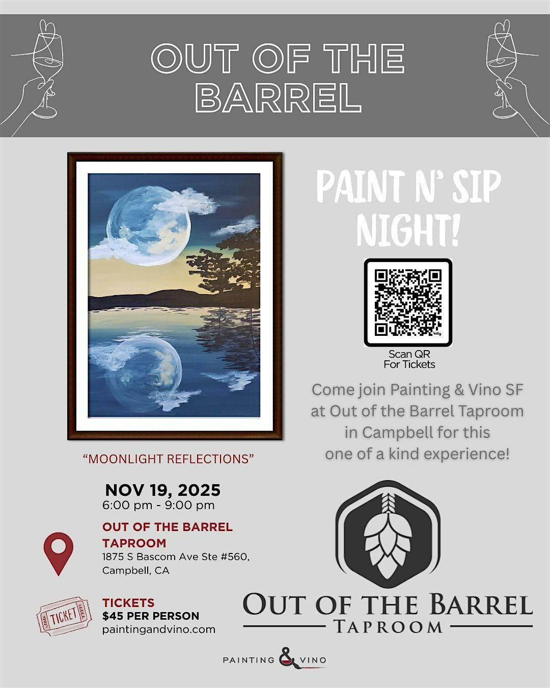 "Moonlight Reflections" Paint & Sip @ Out of the Barrel Campbell, 19 November | Event in Campbell
