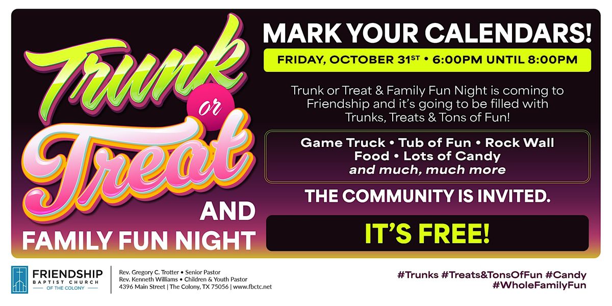 Trunk or Treat & Family Fun Night, 31 October | Event in The Colony | AllEvents
