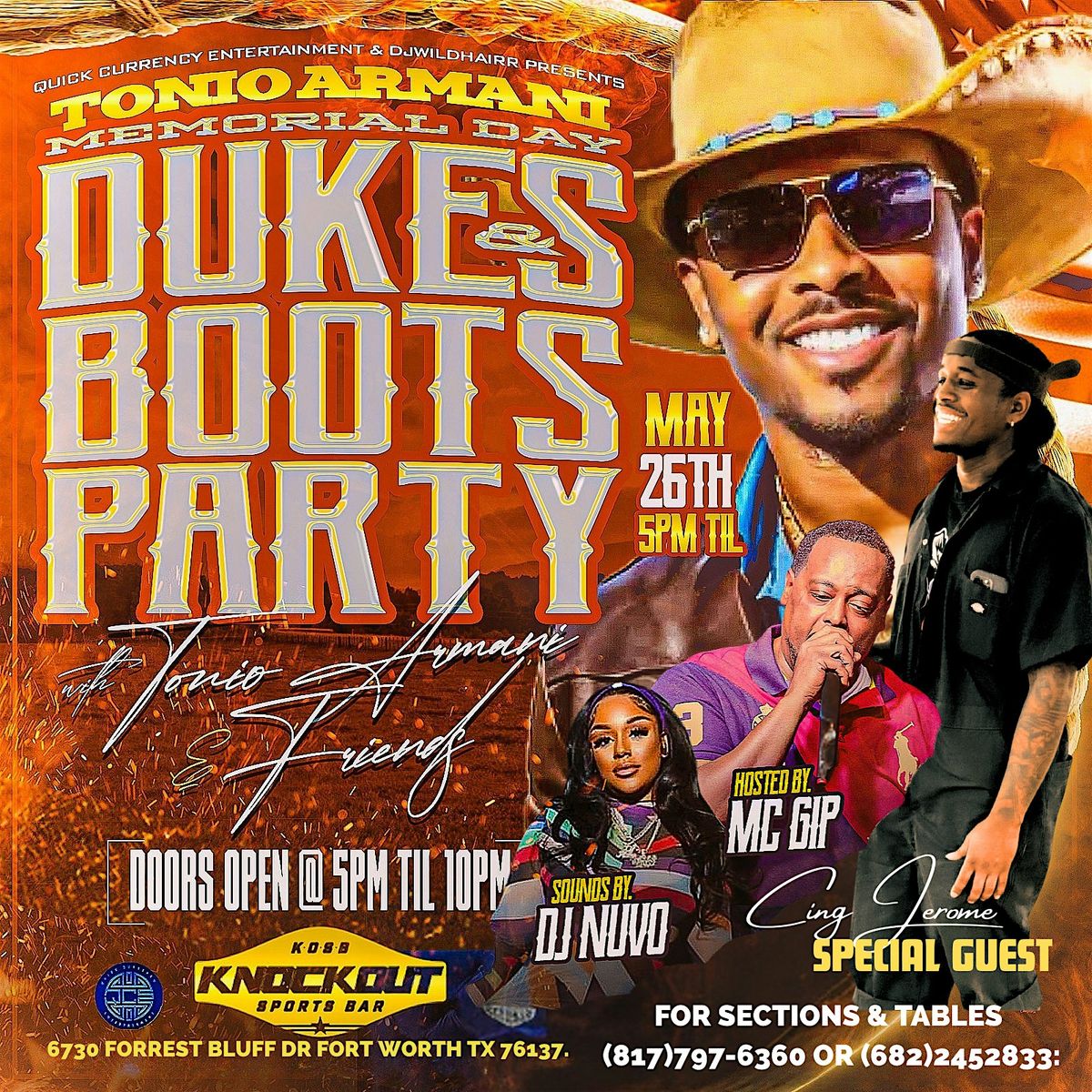 Memorial Day “Dukes & Boots” with Tonio Armani & Cing Jerome live:, 26 May | Event in Fort Worth