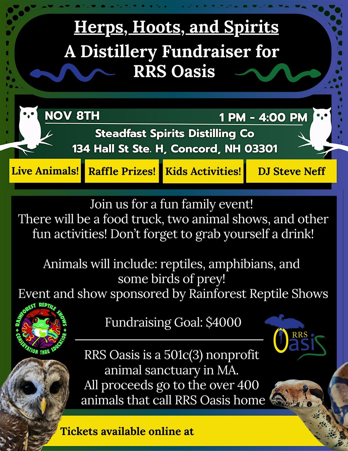 Herps, Hoots, and Spirits- A Distillery Fundraiser, 8 November | Event in Concord | AllEvents