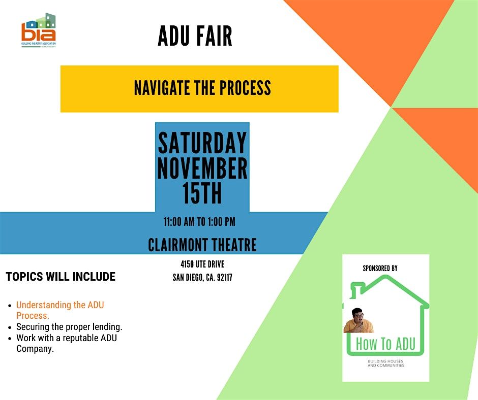 ADU Fair and Seminar. Navigating the ADU Process, 15 November | Event in San Diego | AllEvents