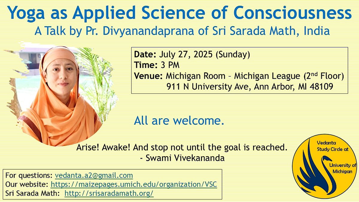 Yoga as Applied Science of Consciousness, 27 July | Event in Ann Arbor | AllEvents