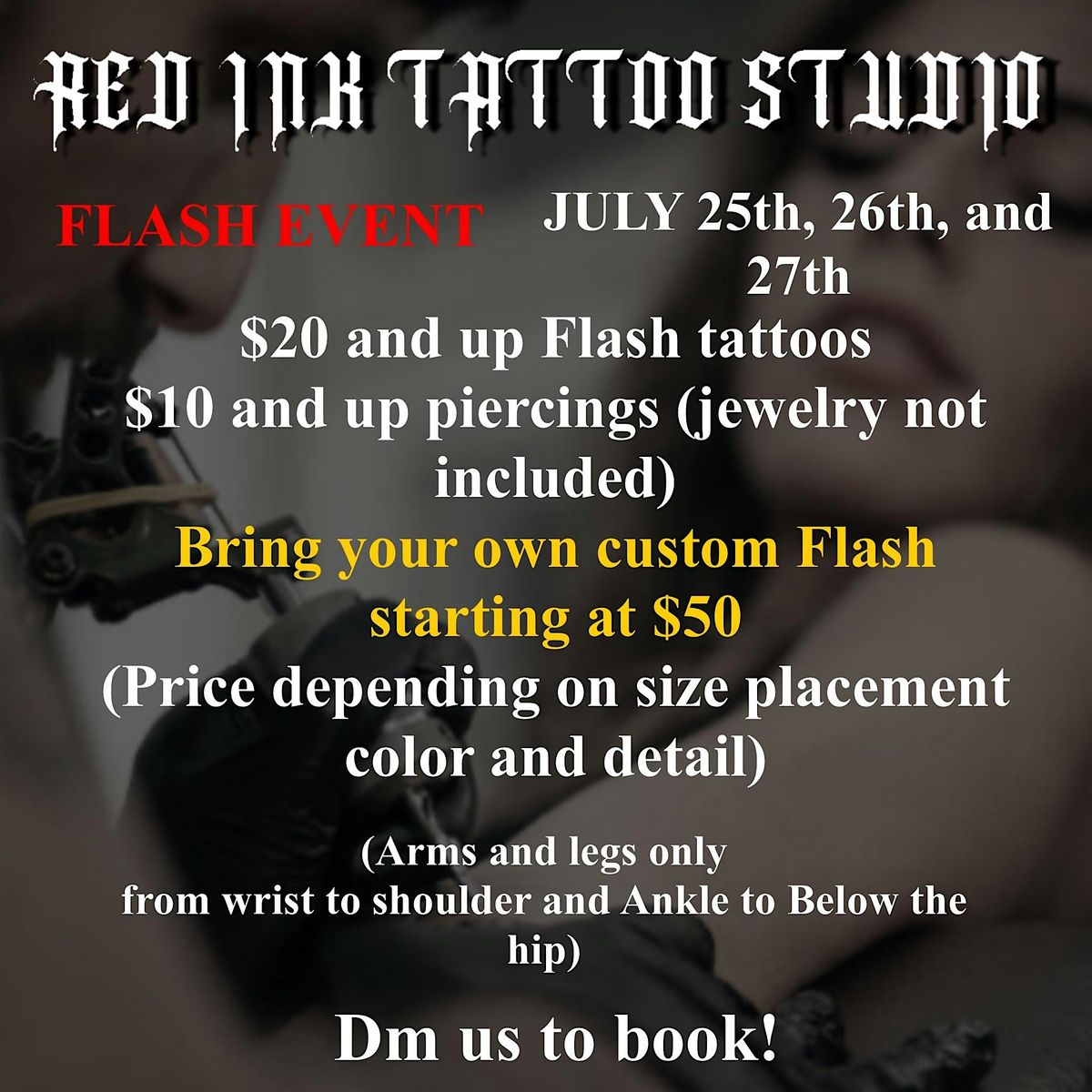FLASH $20 AND UP TATTOOS AND $10 AND UP PIERCINGS JULY 25TH,26TH,AND 27TH | Event in New York | AllEvents
