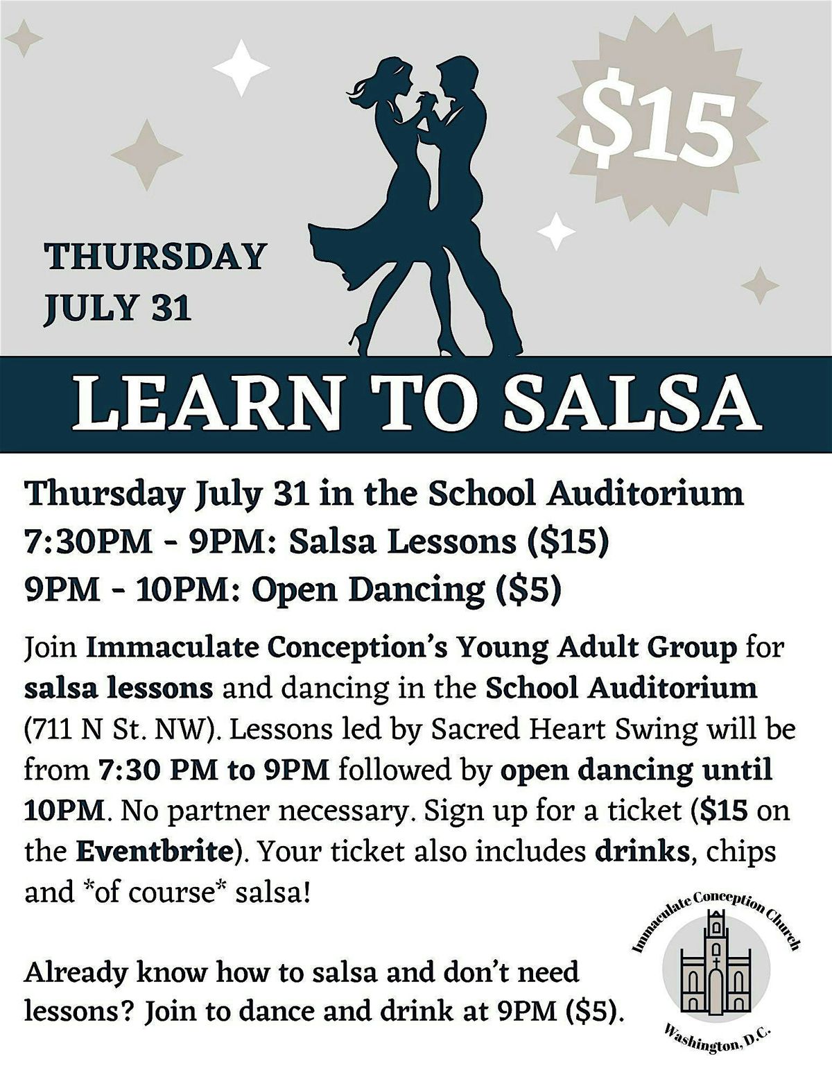 Salsa Lesson & Dancing at Immaculate Conception, 31 July | Event in Washington | AllEvents