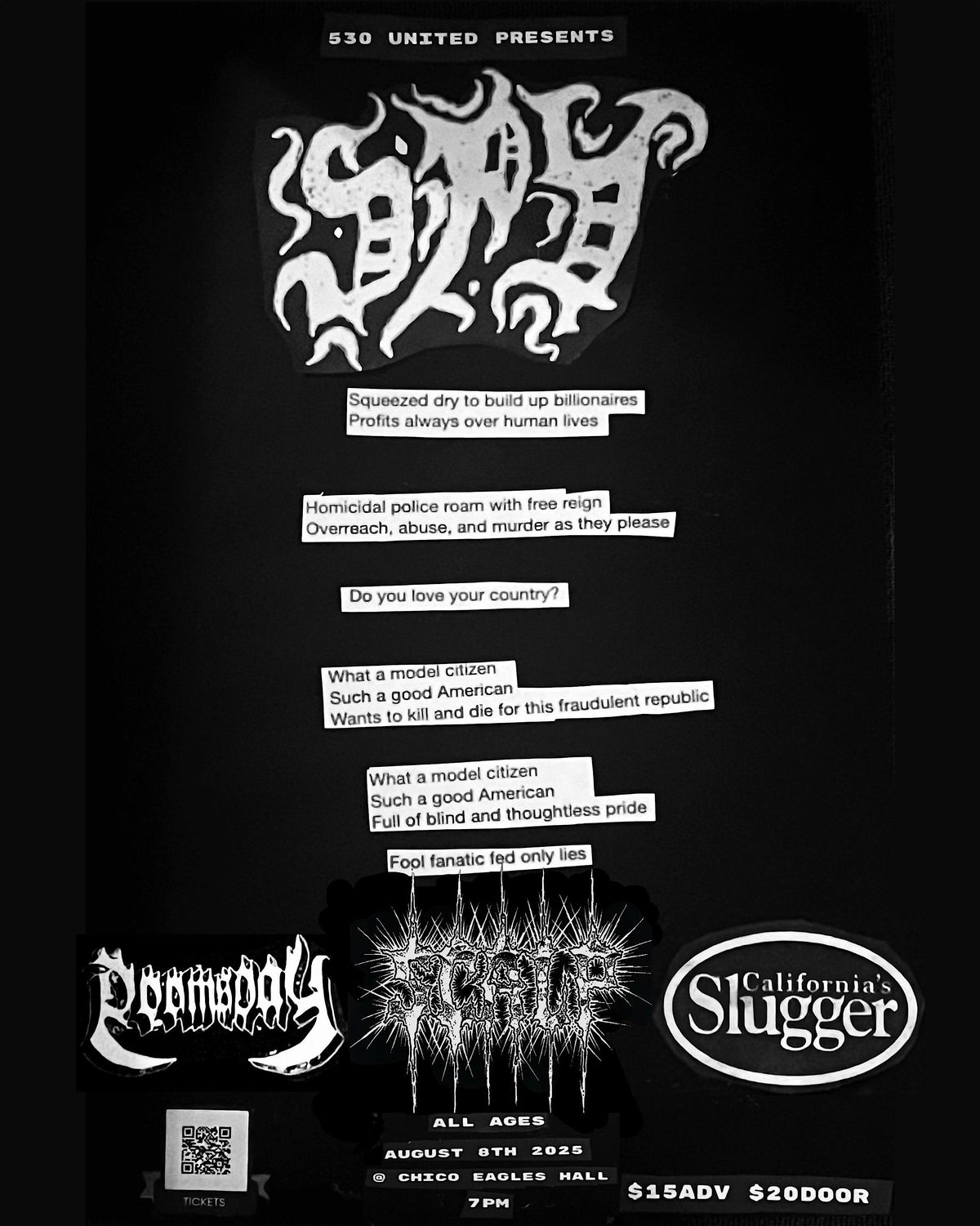 SPY, Scalp, Doomsday, Slugger at Eagles Hall Chico, 8 August | Event in Chico | AllEvents