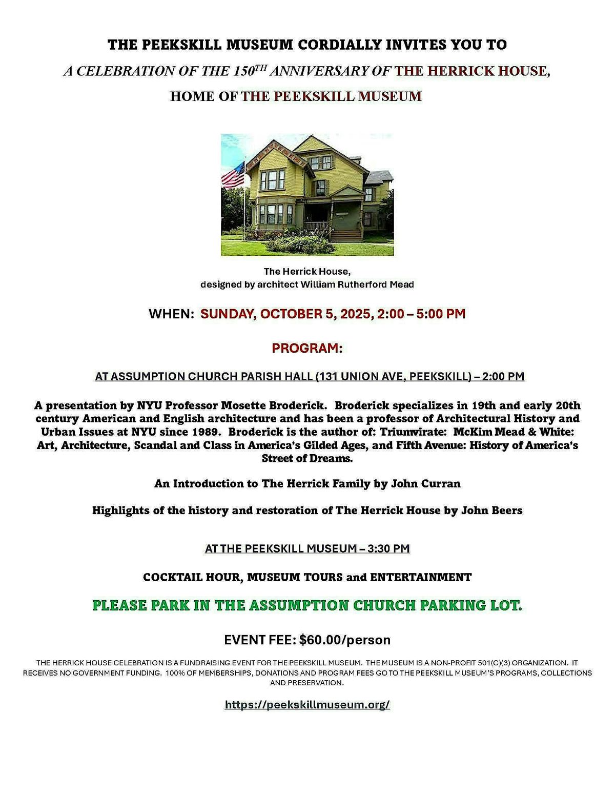 CELEBRATION OF THE HERRICK HOUSE, HOME OF THE PEEKSKILL MUSEUM, 5 October | Event in Peekskill | AllEvents
