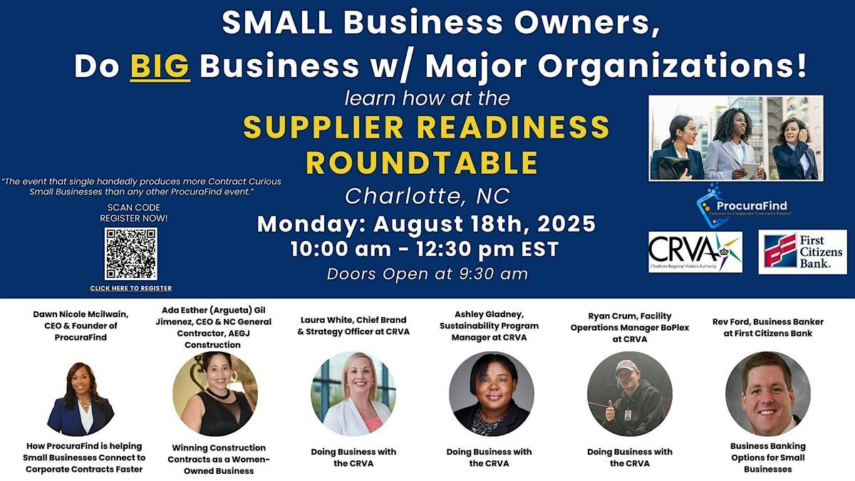 SMALL Businesses Do BIG Business w/ CRVA, First Citizens Bank & ProcuraFind, 18 August | Event in Charlotte