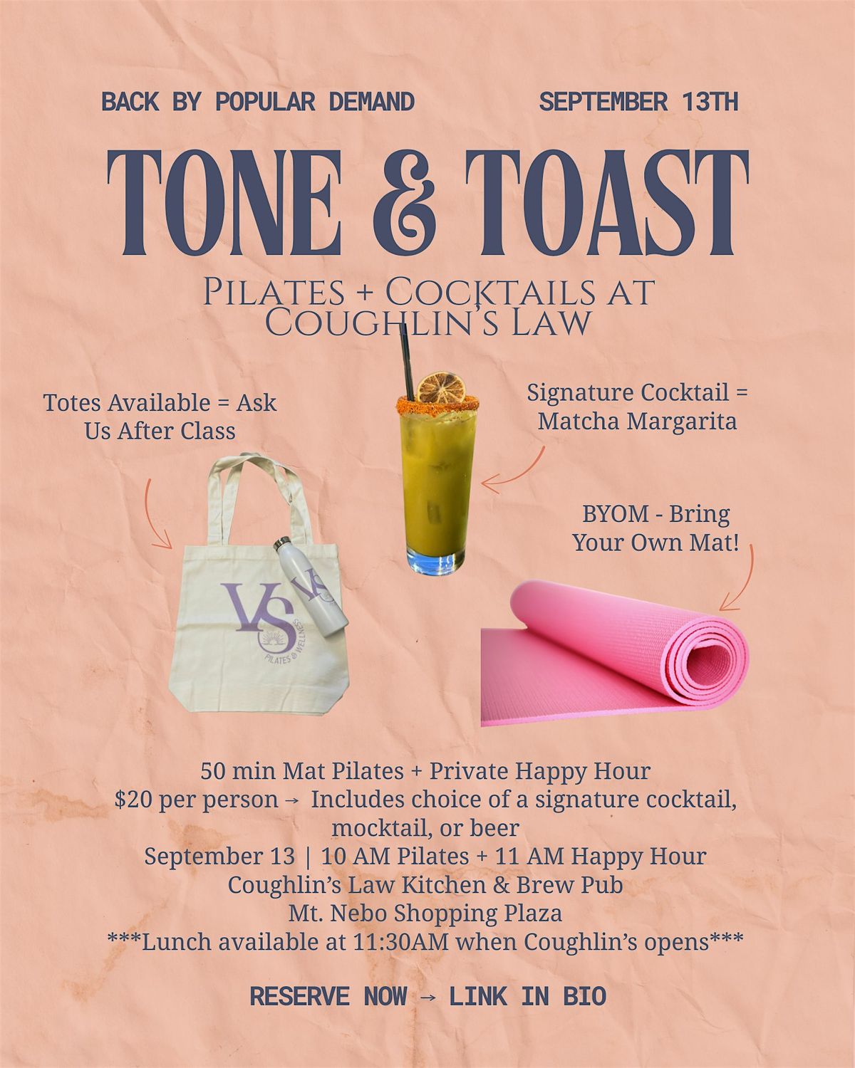 TONE & TOAST II: Pilates + Happy Hour at Coughlin’s, 13 September | Event in Pittsburgh | AllEvents